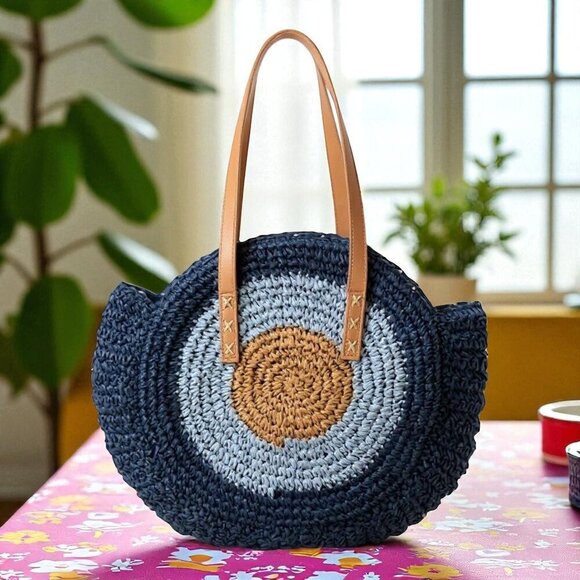 🆕Boho Chic Coastal Style Navy Round Straw Shoulder Bag with Lining & Zip Pocket - Picture 5 of 12